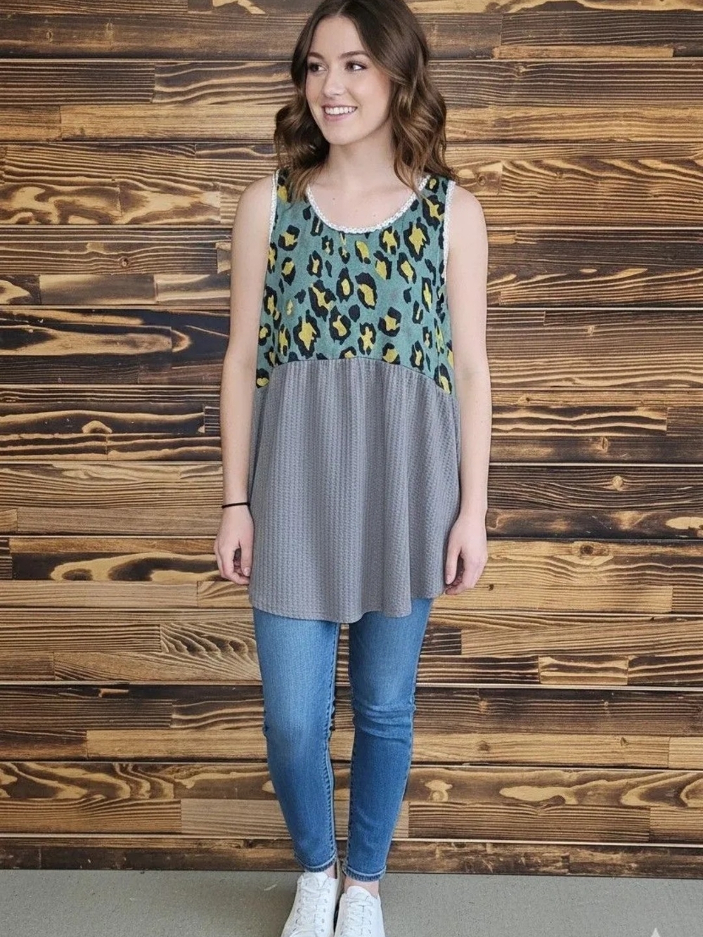 Umgee Green & Yellow Leopard-Print Tank with Taupe Panel